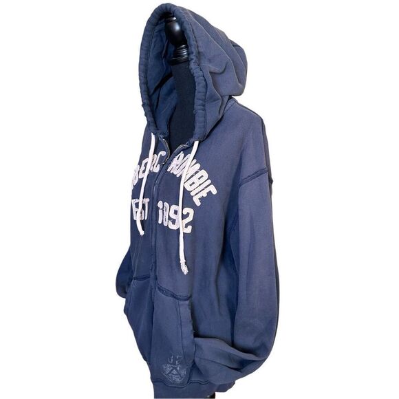 Abercrombie & Fitch Men's Navy Blue and White Distressed Full Zip Hoodie With Po - Picture 2 of 10